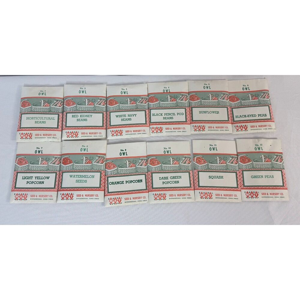 VTG Lot of 12 Seeds Seed and Nursery Number 1-12 Owl Seed Art Beans Flower